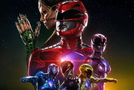 HD desktop wallpaper of the Power Rangers (2017) movie featuring Red, Pink, Yellow, Black, and Blue Rangers with Elizabeth Banks as Rita Repulsa in the background.