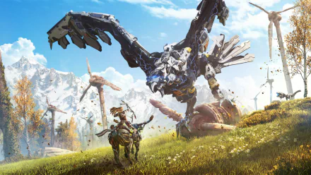 HD desktop wallpaper of Aloy from Horizon Zero Dawn, featuring her facing a large mechanical creature in a vibrant, open landscape with windmills and mountains in the background.