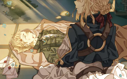 HD desktop wallpaper featuring Violet Evergarden, from the anime Violet Evergarden. The character is seen sitting next to a resting figure under a blanket, with letters and flowers scattered nearby.