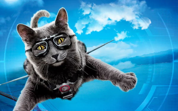 HD PC desktop wallpaper: gadget-equipped gray cat in goggles flying across a blue tech-sky, from the movie Cats & Dogs: The Revenge Of Kitty Galore.