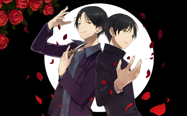 HD PC wallpaper of Youichi Takatoo (The Kindaichi Case Files): two dark-suited anime doubles back-to-back before a white moon, red rose petals drifting on a black background.