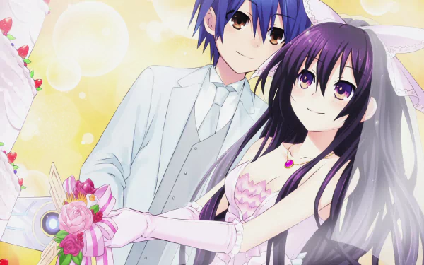 HD desktop wallpaper featuring Shido Itsuka and Tohka Yatogami from the anime Date A Live in a charming and colorful background.