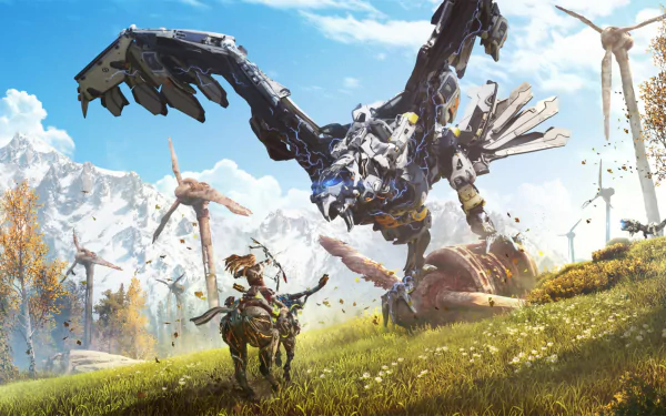 HD desktop wallpaper of Aloy from Horizon Zero Dawn, featuring her facing a large mechanical creature in a vibrant, open landscape with windmills and mountains in the background.