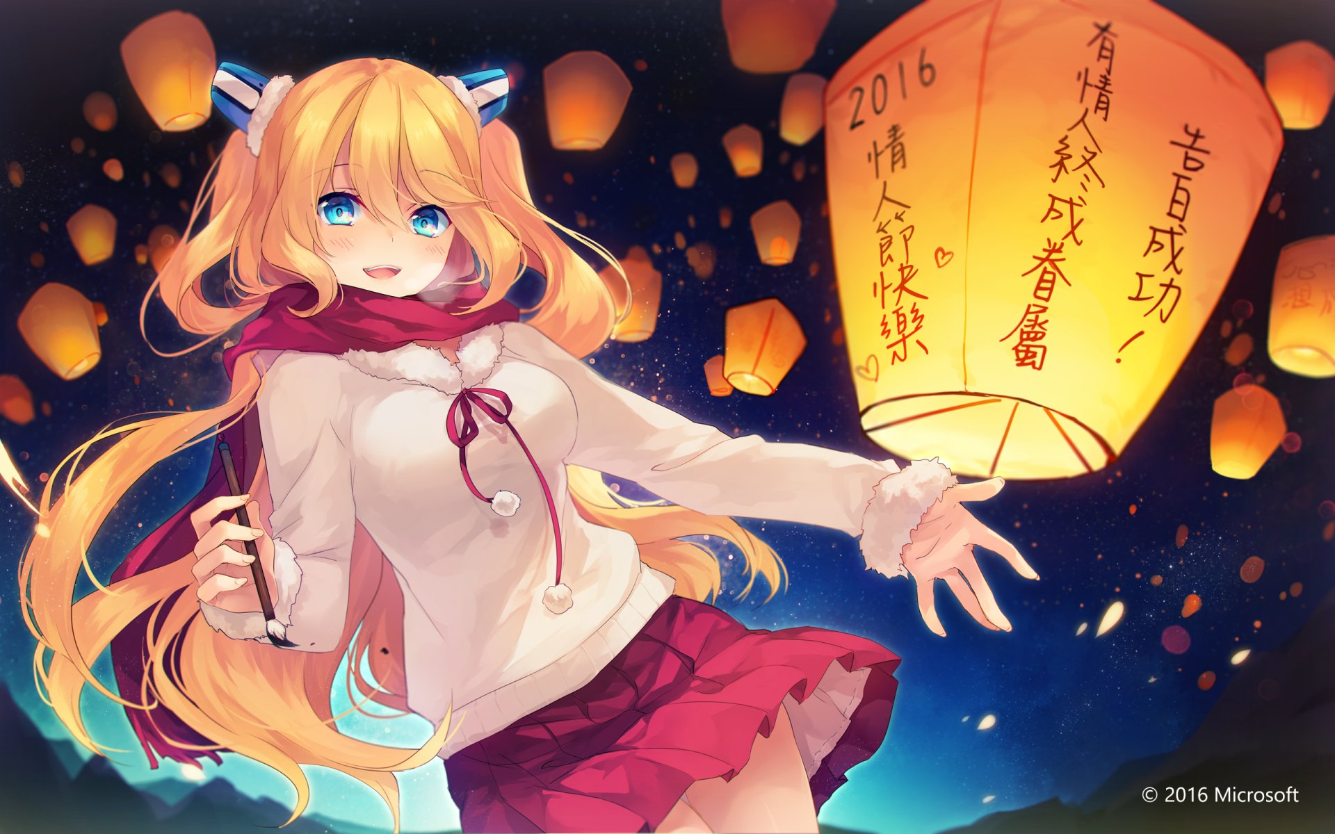 Anime-style Os-tan character with long blonde hair releases a glowing lantern into the night sky, featured in a vibrant HD PC desktop wallpaper background.