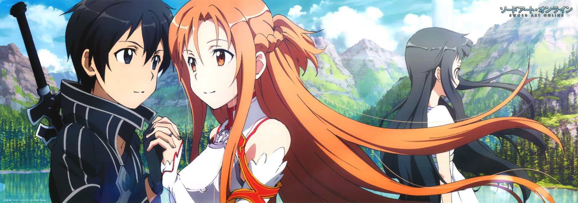 Anime-style Sword Art Online characters stand against a scenic mountain backdrop in this vibrant 4K Ultra HD PC desktop wallpaper.