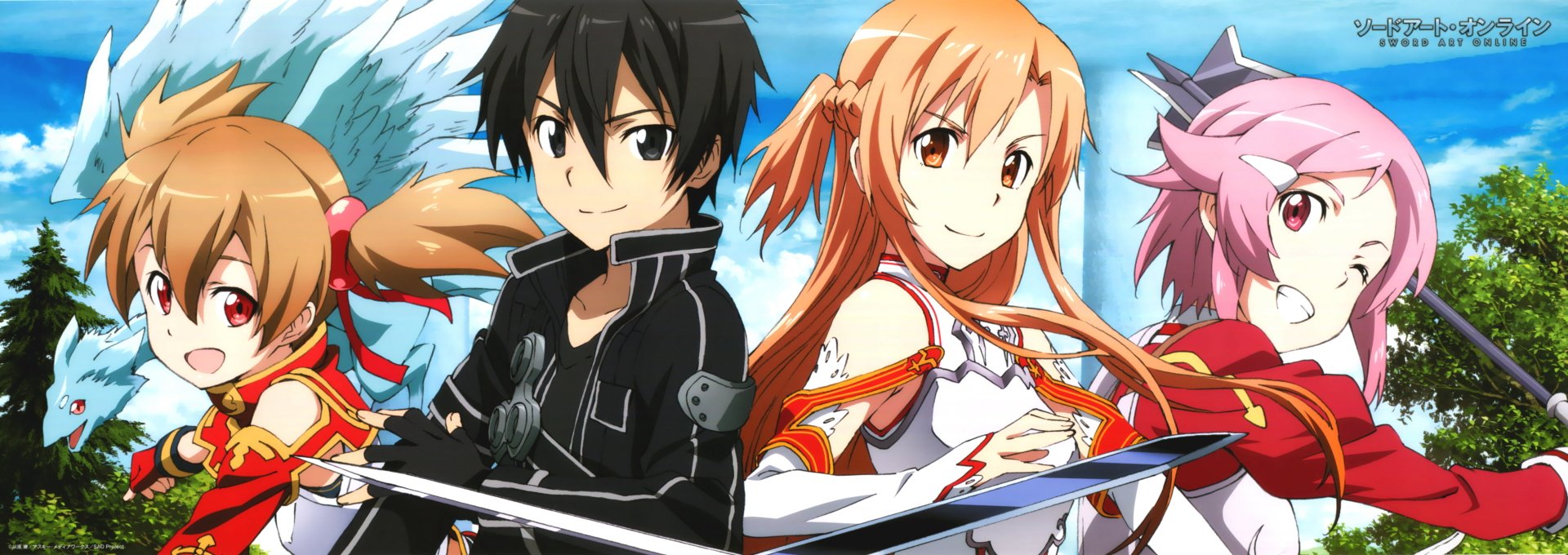 Anime-style 4K Ultra HD Sword Art Online wallpaper featuring main characters with swords against a bright blue sky background.