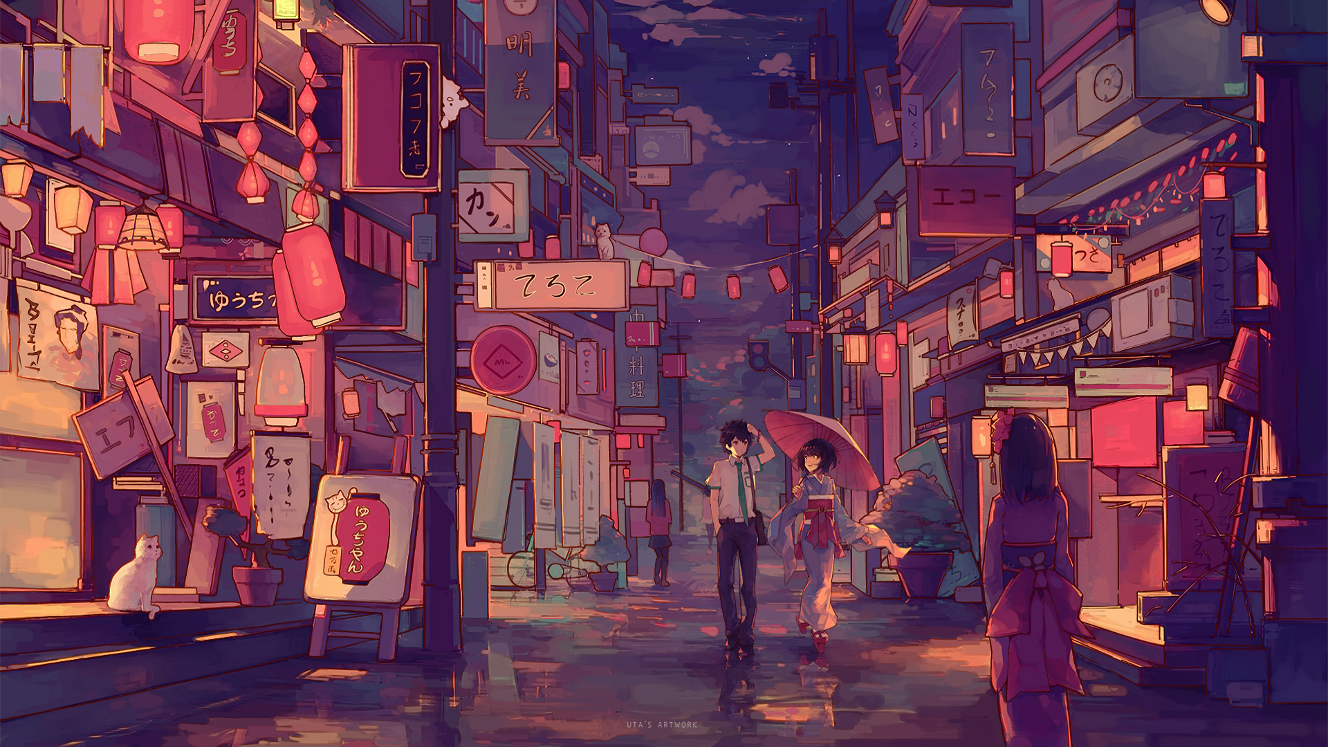 HD desktop wallpaper featuring Taki Tachibana and Mitsuha Miyamizu from the anime Your Name, walking through a colorful, lantern-lit street at twilight.