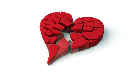 Artistic HD PC desktop wallpaper of a red heart split into fractured shards, forming a broken heart on a white background.