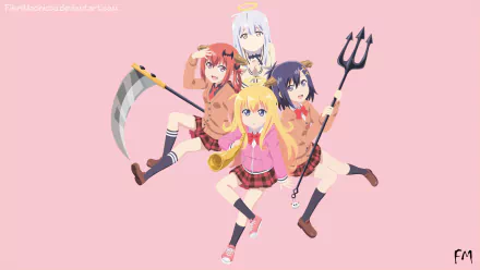 HD anime desktop wallpaper featuring Tsukinose April, Satanichia Kurumizawa McDowell, Raphiel Shiraha Ainsworth, and Gabriel Tenma White from Gabriel DropOut.