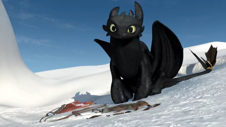 Toothless from How to Train Your Dragon appears in a snowy landscape, featured in an HD PC desktop wallpaper from the movie Dragons: Gift of the Night Fury.