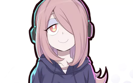 HD PC wallpaper of Sucy Manbavaran from Little Witch Academia: pink hair covering one eye, wearing headphones and a dark hoodie, faint sly smile on a clean white background.
