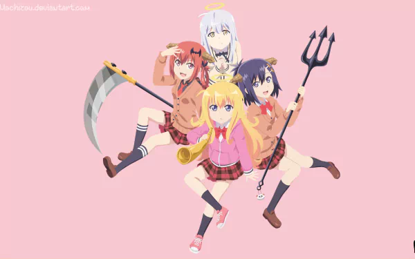 HD anime desktop wallpaper featuring Tsukinose April, Satanichia Kurumizawa McDowell, Raphiel Shiraha Ainsworth, and Gabriel Tenma White from Gabriel DropOut.