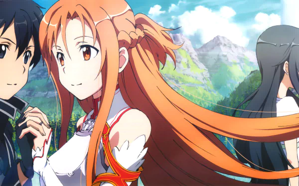 Anime-style Sword Art Online characters stand against a scenic mountain backdrop in this vibrant 4K Ultra HD PC desktop wallpaper.