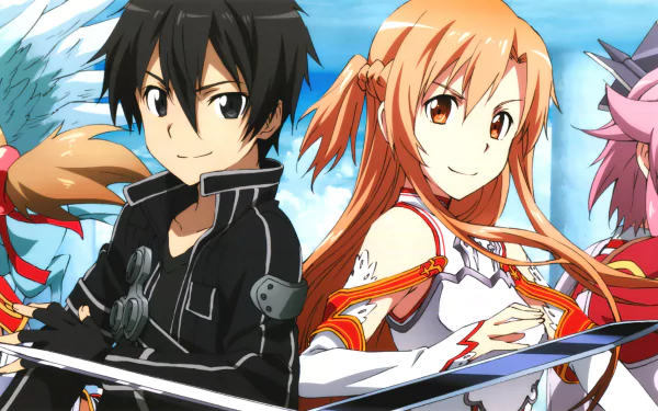 Anime-style 4K Ultra HD Sword Art Online wallpaper featuring main characters with swords against a bright blue sky background.