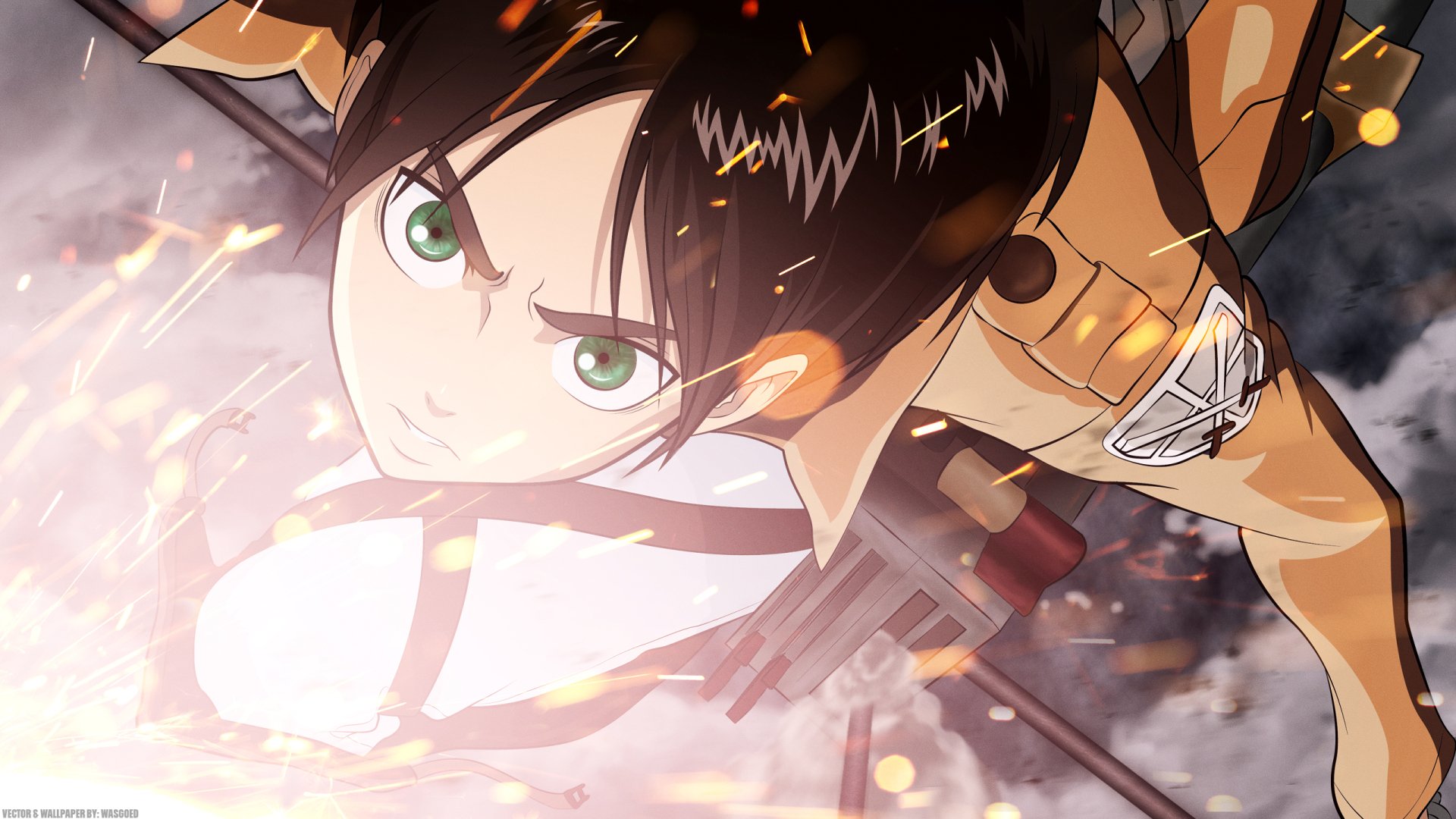 HD PC wallpaper featuring Eren Yeager from the anime Attack on Titan in dynamic action, surrounded by sparks and smoke.