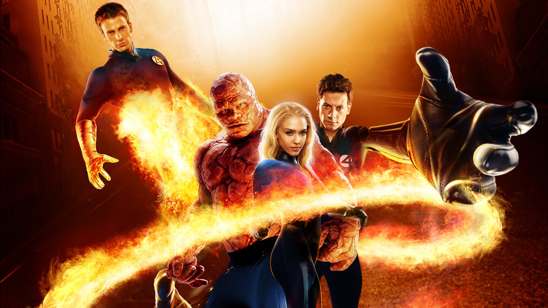 HD PC desktop wallpaper of the Fantastic Four characters from the movie Fantastic 4: Rise of the Silver Surfer, featuring fiery and dynamic poses against a glowing background.
