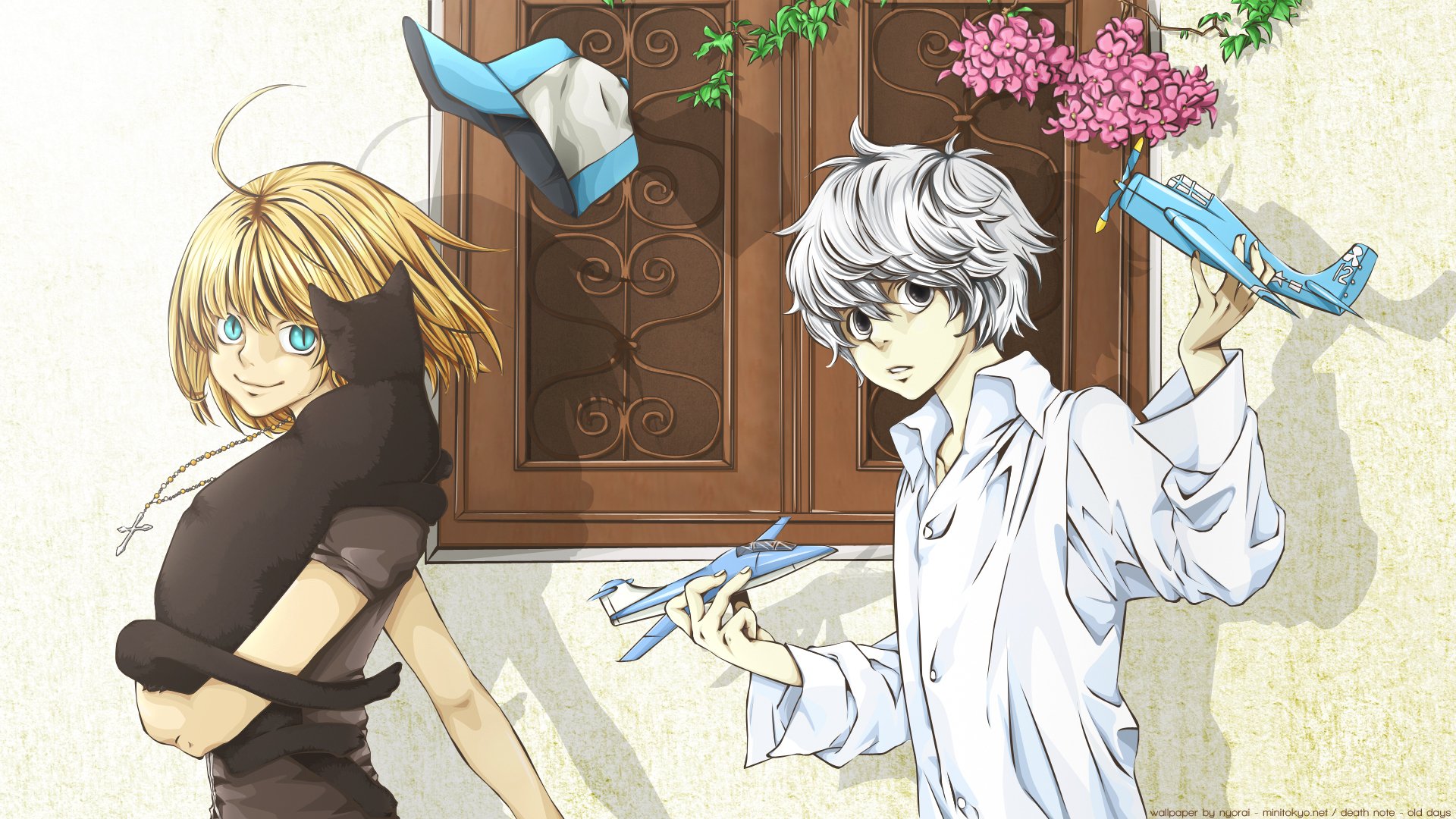 HD anime desktop wallpaper featuring two Death Note characters holding blue paper airplanes in front of a window framed by pink flowers.