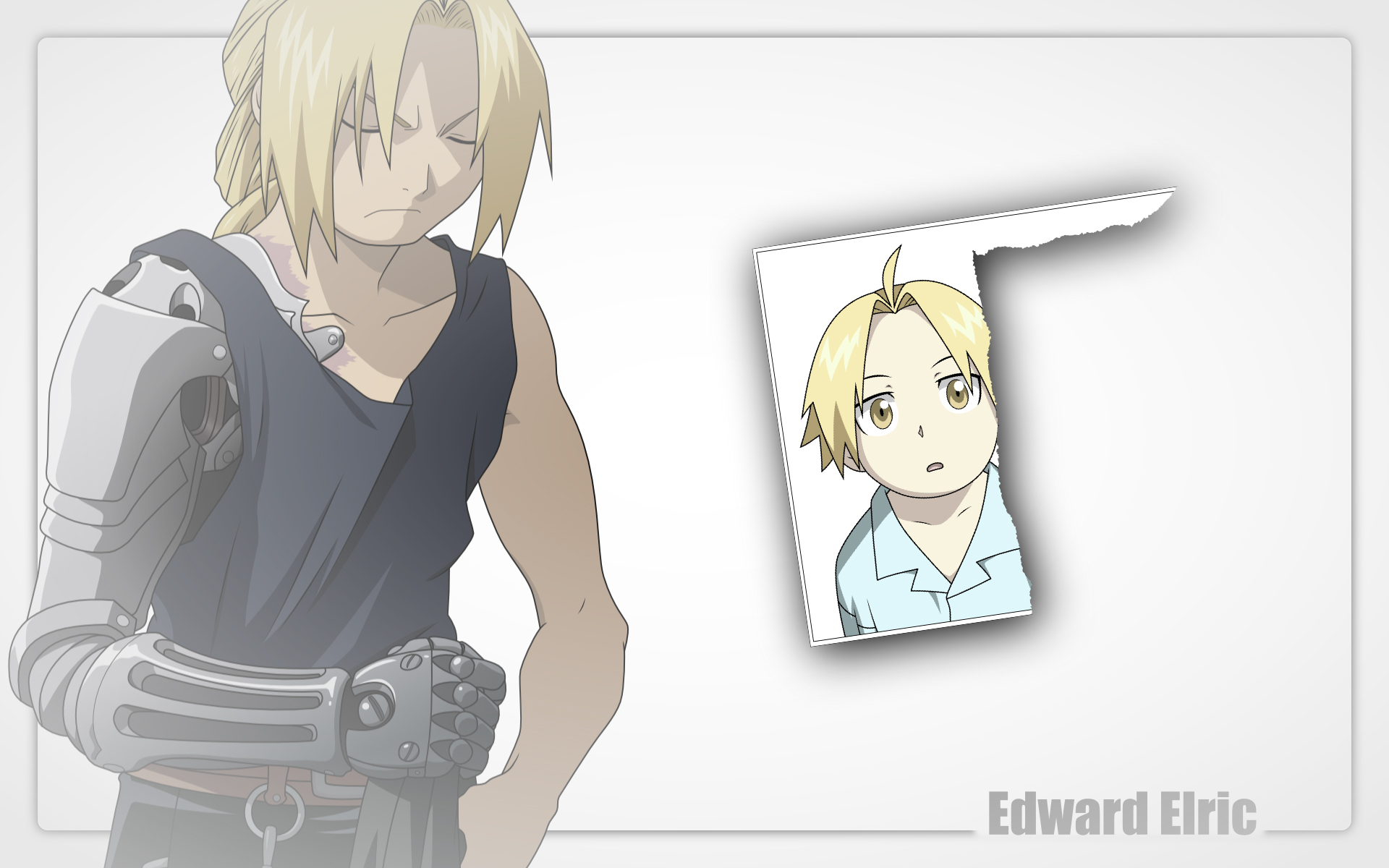 Edward Elric (Fullmetal Alchemist) with automail arm and a small inset portrait on a pale HD PC desktop wallpaper.