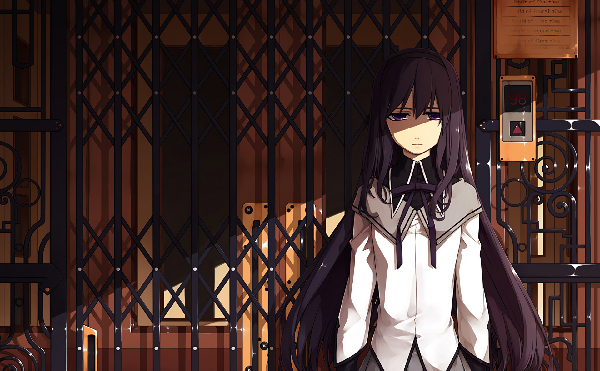 HD PC wallpaper of Homura Akemi (Puella Magi Madoka Magica) standing before ornate elevator gates, long dark hair, white school uniform, moody amber lighting.