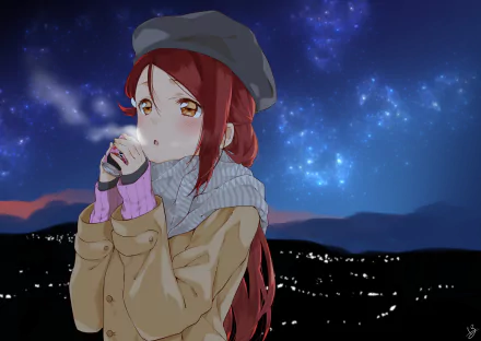 Riko Sakurauchi from Love Live! Sunshine!! in a coat and beret sipping a warm drink beneath a starry night sky — HD PC desktop wallpaper background.