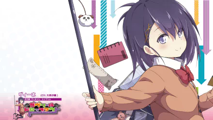 HD PC desktop wallpaper featuring Vignette Tsukinose April from Gabriel DropOut in anime style, holding a fishing rod with colorful background accents.