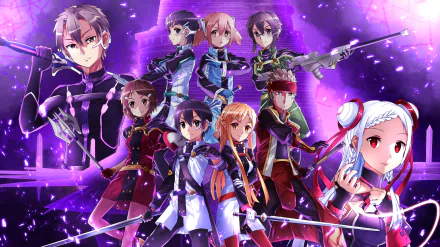HD desktop wallpaper featuring characters from the anime Sword Art Online Movie: Ordinal Scale. The image showcases a vibrant and dynamic scene with a purple and blue background.
