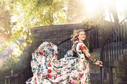 smile stairs dress blonde American actress Celebrity Reese Witherspoon HD Desktop Wallpaper | Background Image