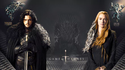 Jon Snow and Cersei Lannister from Game of Thrones, portrayed by Kit Harington and Lena Headey, stand against a dark backdrop featuring the Iron Throne in 4K Ultra HD.