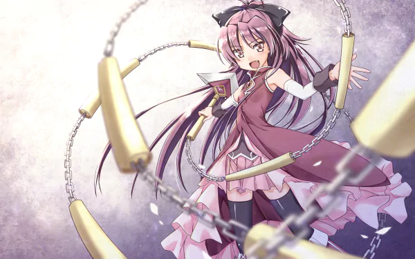 HD PC desktop wallpaper: Kyōko Sakura (Puella Magi Madoka Magica) in a pink frilled outfit, wielding her chained spear, striking a dynamic pose against a textured purple background.