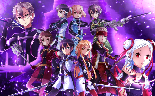 HD desktop wallpaper featuring characters from the anime Sword Art Online Movie: Ordinal Scale. The image showcases a vibrant and dynamic scene with a purple and blue background.