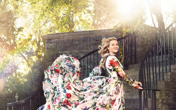 smile stairs dress blonde American actress Celebrity Reese Witherspoon HD Desktop Wallpaper | Background Image