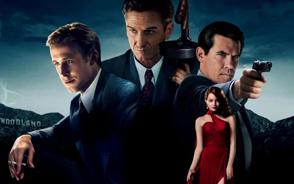 HD desktop wallpaper featuring Sean Penn, Ryan Gosling, Josh Brolin, and Emma Stone from the gangster movie Gangster Squad in a dramatic nighttime setting.