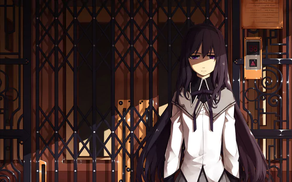 HD PC wallpaper of Homura Akemi (Puella Magi Madoka Magica) standing before ornate elevator gates, long dark hair, white school uniform, moody amber lighting.