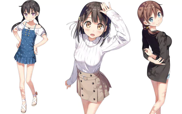 Anime HD desktop wallpaper featuring Yui Hanasaka, Natsuki Momohara, and Moka Aoshima from One Room, showcasing three distinct female characters in casual outfits.