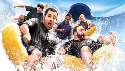 HD PC desktop wallpaper featuring a lively scene from the movie Grown Ups with five men riding a water raft, splashing water and enjoying the moment.