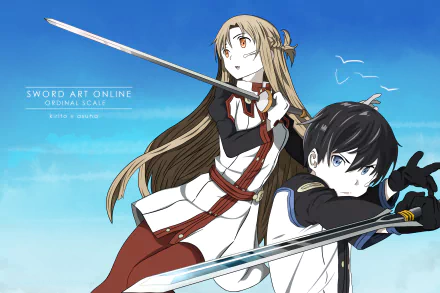 2K Quad HD PC wallpaper of Kirito and Asuna from Sword Art Online Movie: Ordinal Scale, standing back-to-back wielding swords under a clear blue sky.
