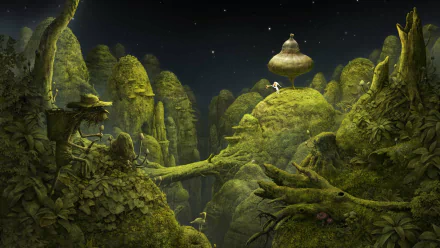 HD desktop wallpaper of Samorost 3 featuring mystical forest landscape with a character atop a floating island and starry sky backdrop.