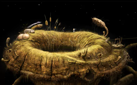 HD desktop wallpaper from Samorost 3 featuring a whimsical alien landscape with creatures and a character.