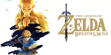 HD desktop wallpaper featuring characters Zelda and Link from the video game The Legend of Zelda: Breath of the Wild with game logo and Master Sword prominently shown.