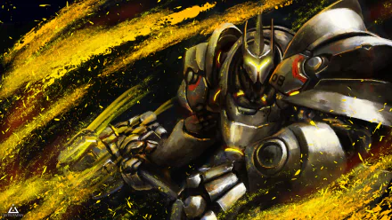 HD desktop wallpaper featuring Reinhardt from the video game Overwatch, depicted in an action pose with dynamic yellow streaks in the background.