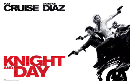 HD desktop wallpaper of the action movie Knight and Day poster: two leads back-to-back on a motorcycle aiming guns, bold red title on a white background.