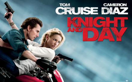 HD desktop wallpaper featuring Tom Cruise and Cameron Diaz with guns in action pose from the movie Knight and Day against a blurred blue background.