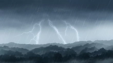 HD desktop wallpaper and background featuring an original anime-style depiction of a lightning storm over a forest, with heavy rain and dark clouds.