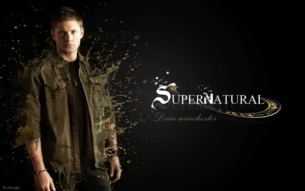 HD desktop wallpaper featuring Jensen Ackles as Dean Winchester from the TV show Supernatural, with a dark, artistic background and the show's logo.