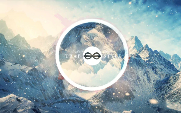 HD PC desktop wallpaper featuring a polyscape snowy mountain vista with mirrored peaks, ambient blue tones, and a central circular Trap music logo.