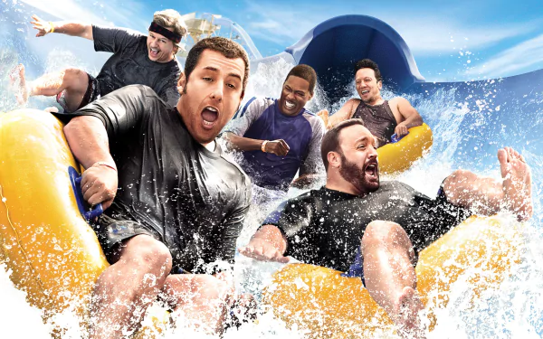 HD PC desktop wallpaper featuring a lively scene from the movie Grown Ups with five men riding a water raft, splashing water and enjoying the moment.