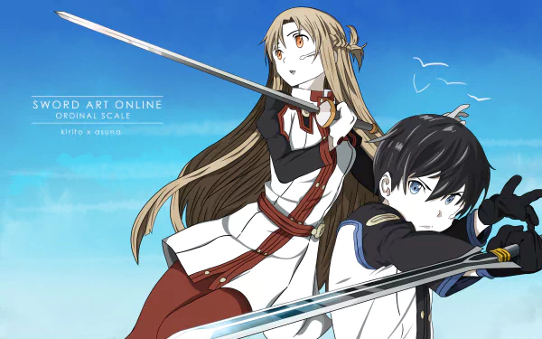 2K Quad HD PC wallpaper of Kirito and Asuna from Sword Art Online Movie: Ordinal Scale, standing back-to-back wielding swords under a clear blue sky.