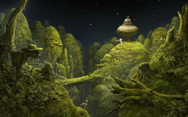HD desktop wallpaper of Samorost 3 featuring mystical forest landscape with a character atop a floating island and starry sky backdrop.
