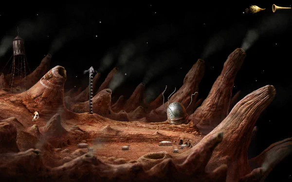 HD desktop wallpaper from Samorost 3 featuring a whimsical, alien landscape with fantastical structures and a character exploring the scene.