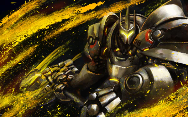 HD desktop wallpaper featuring Reinhardt from the video game Overwatch, depicted in an action pose with dynamic yellow streaks in the background.